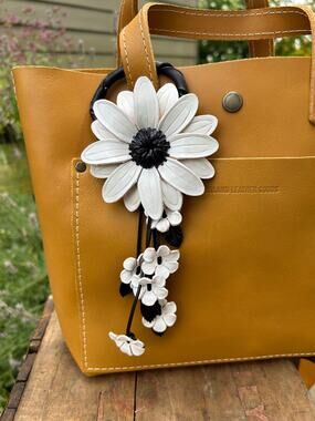 Genuine Leather Flower Bag Charm White Daisy Leather Black Accent Purse Keychain
